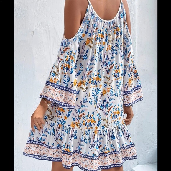 Boho Gypsy Floral Print Tassel Cold Off Drop Shoulder Dress - Picture 9 of 15
